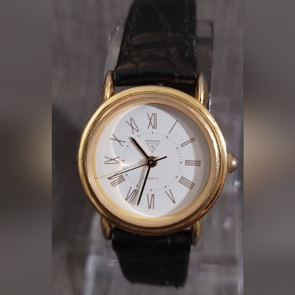 Vintage 1990 GUESS Watch, Black Leather Band, Runs & Keeps Time - New Battery